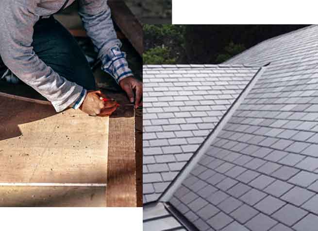 Feature image of man working with pencil and wood. Right hand side is tiled roof